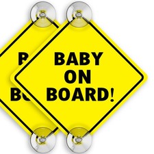 Baby On Board Signs for Car with Suction Cups - 5" by 5" - 2 Pack - Bright Ye...