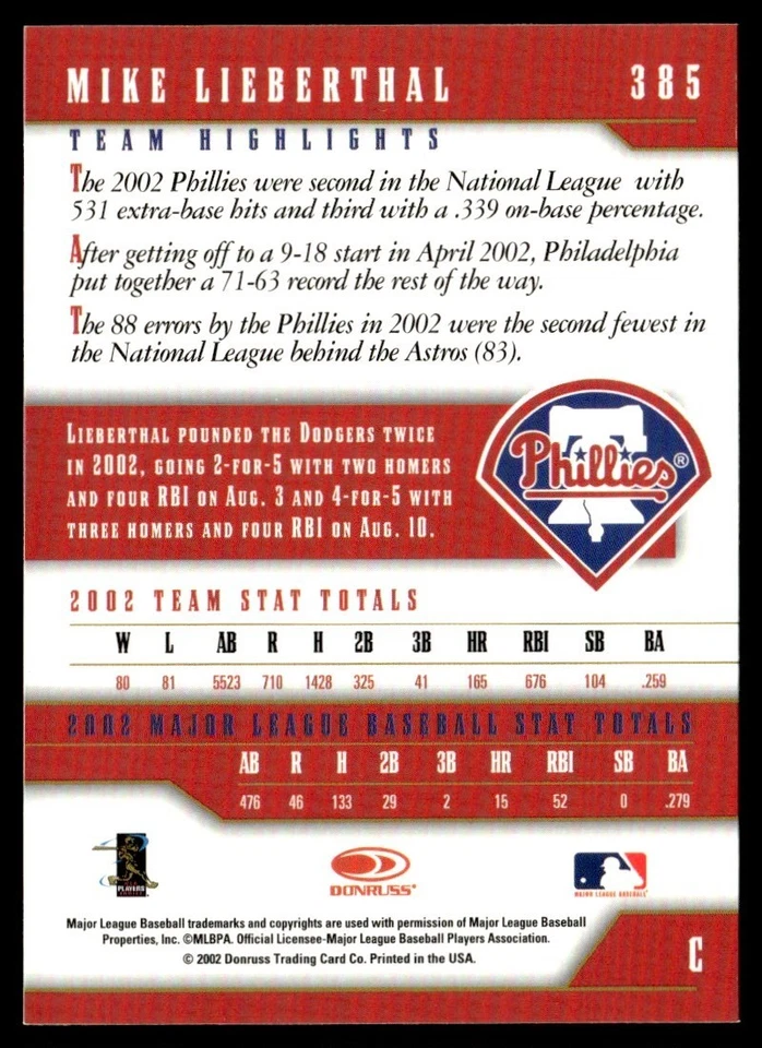 2003 Donruss Team Heroes Chicago Collection Mike Lieberthal 2/5 #385 - Image 2 of 2