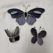 Set Of 3 Stained Glass Purple Butterfly Suncatcher