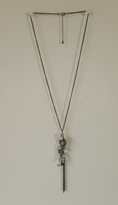 Vintage Style Charm Necklace Key Crystal Pendant Antique Brass Tone Boho Fringe