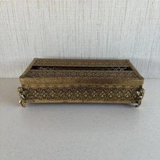 Vintage Gold Metal Tissue, Gilt, Filigree Box with Cherub Angel Feet
