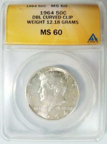 1964 Kennedy Half Dollar ANACS MS 60 Curved Double Rim Clip Mint Error Clipped - Photo 1/10