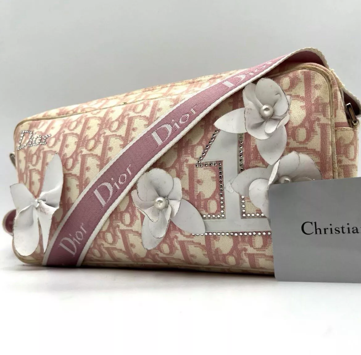 Sac bandoulière trotteur DIOR STONELOGO FLEUR ROSE TOILE BLANCHE CUIR