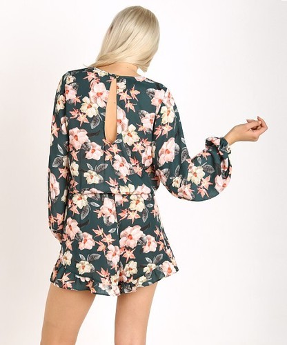 Show Me Your Mumu Romper Womens Small Rocky Green Floral Print Long Sleeve VNeck - Picture 3 of 12