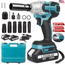 Electric Brushless  Impact Wrench 1/2" Driver Cordless Tool 2x3.0Ah Battery US