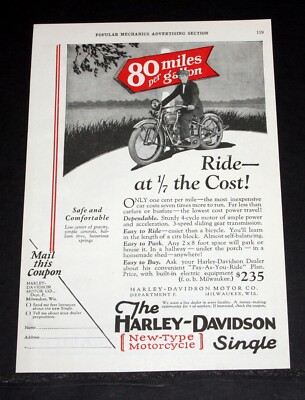 1926 OLD MAGAZINE PRINT AD, HARLEY DAVIDSON MOTORCYCLES, 80 MILES PER GALLON!