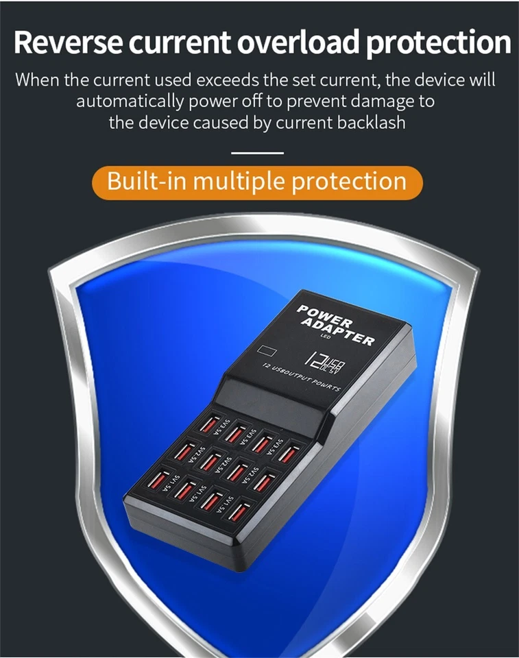 Multi 12 Port USB Charging Station Hub Desktop Wall Cell Phone Charger Organizer - Image 3 of 4