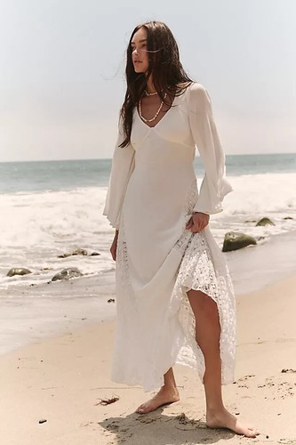 Free People Hazel Maxi Dress Ivory V Neck Embroidered Lace Button Tie Medium M