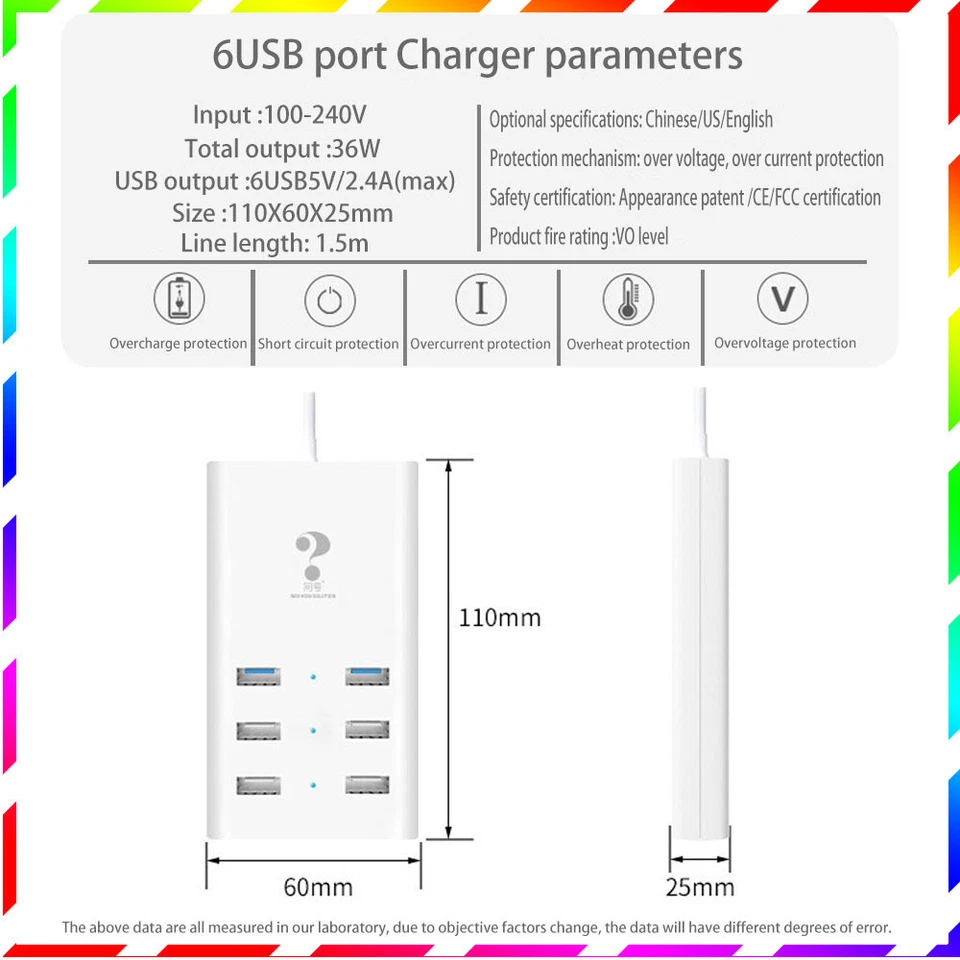 Estación de carga rápida 6USB salida total 5V/7.2A Hub adaptador de carga multipuerto Foto 3 de 4