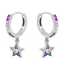 Twinkling Colorful Stars Cubic Zirconia on Sterling Silver Hinged Hoop Earrings