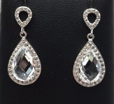 Sterling Silver 925 Pear Cubic Zirconia Halo Circle Drop Dangle Post Earrings