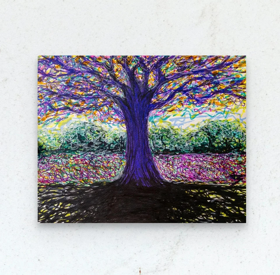 Árbol Sombreado Original 11x14 Pluma y Marcador Dibujo Colorido Paisaje No Van Gogh Foto 2 de 4