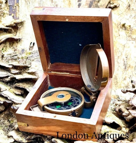 Antique Designer Vintage Looking Solid Brass Navigation Compass With Wooden Box - 第 1/5 張圖片