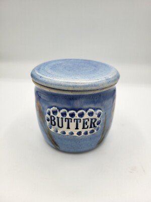 Handcrafted Pottery Butter Crock Blue with Flowers Signed Vicki