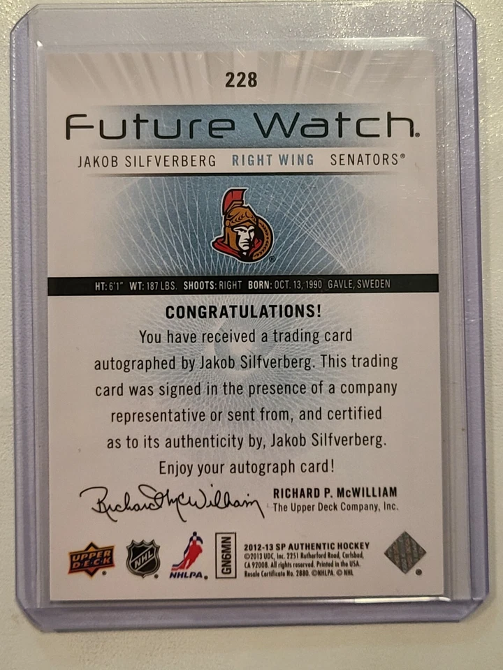 2012-13 SP Authentic Future Watch Auto #228 Jakob Silfverberg Ottawa 187/999 - Image 2 of 2