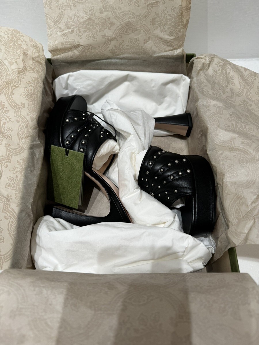 Gucci Black Leather Claire Embellished Studded Platform Mules