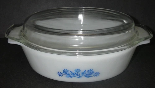 Vintage Anchor Hocking Cornflower 1.5 QT Oval Casserole Dish #433 Covered Glass
