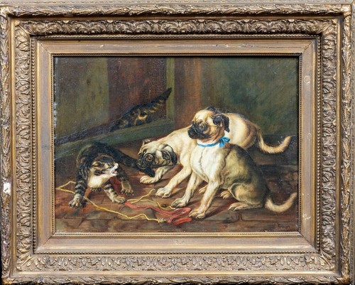 19th Century French School Pug Puppies & Tabby Cat Barn Scene Signed Painting - 第 1/11 張圖片