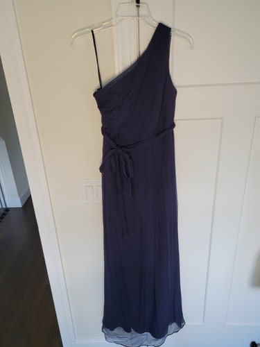 Amsale Dress Navy Blue 100% Silk One Shoulder Rouched Gown Belt Side Zip Size 6 - Picture 5 of 12