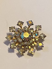 Vintage Snowflake Aurora Borealis Faceted Rhinestone Brooch Pin Silver Tone Base