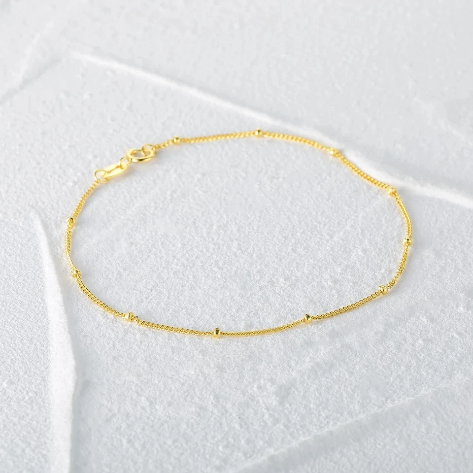 Pulsera de plata de ley 925 con cuentas para mujer cadena delgada liso eslabón redondo joyería Foto 2 de 4