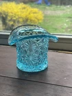 vintage Fenton Daisy and Button blue top hat glass  toothpick holder 2 1/2”