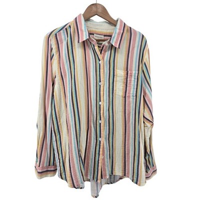 Thread & Supply Button Down Women Large Rose Teal Multi Stripe Gauze Shirt