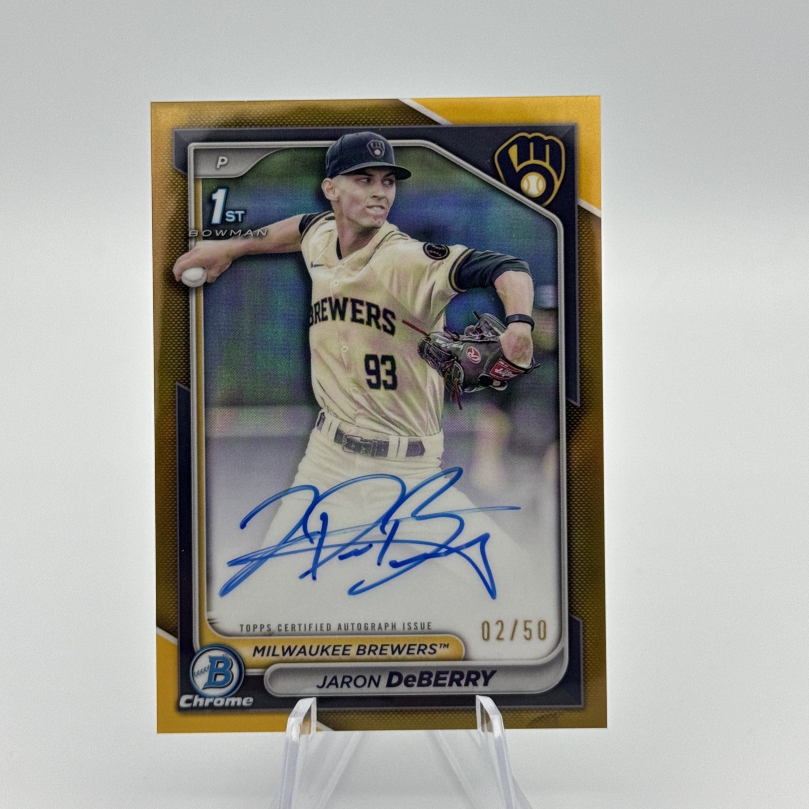 2024 Bowman Draft Jaron DeBerry Chrome Auto Gold Refractor 1st #/50 Brewers