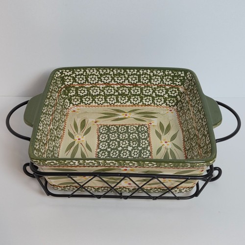 Temp-Tations Old World Green Square Baker 2.5 Qt With Metal Stand - Picture 2 of 7