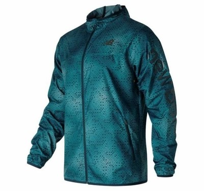 New Balance Windbreaker Lightweight Running Jacket Hood Green Black Dots Men's M