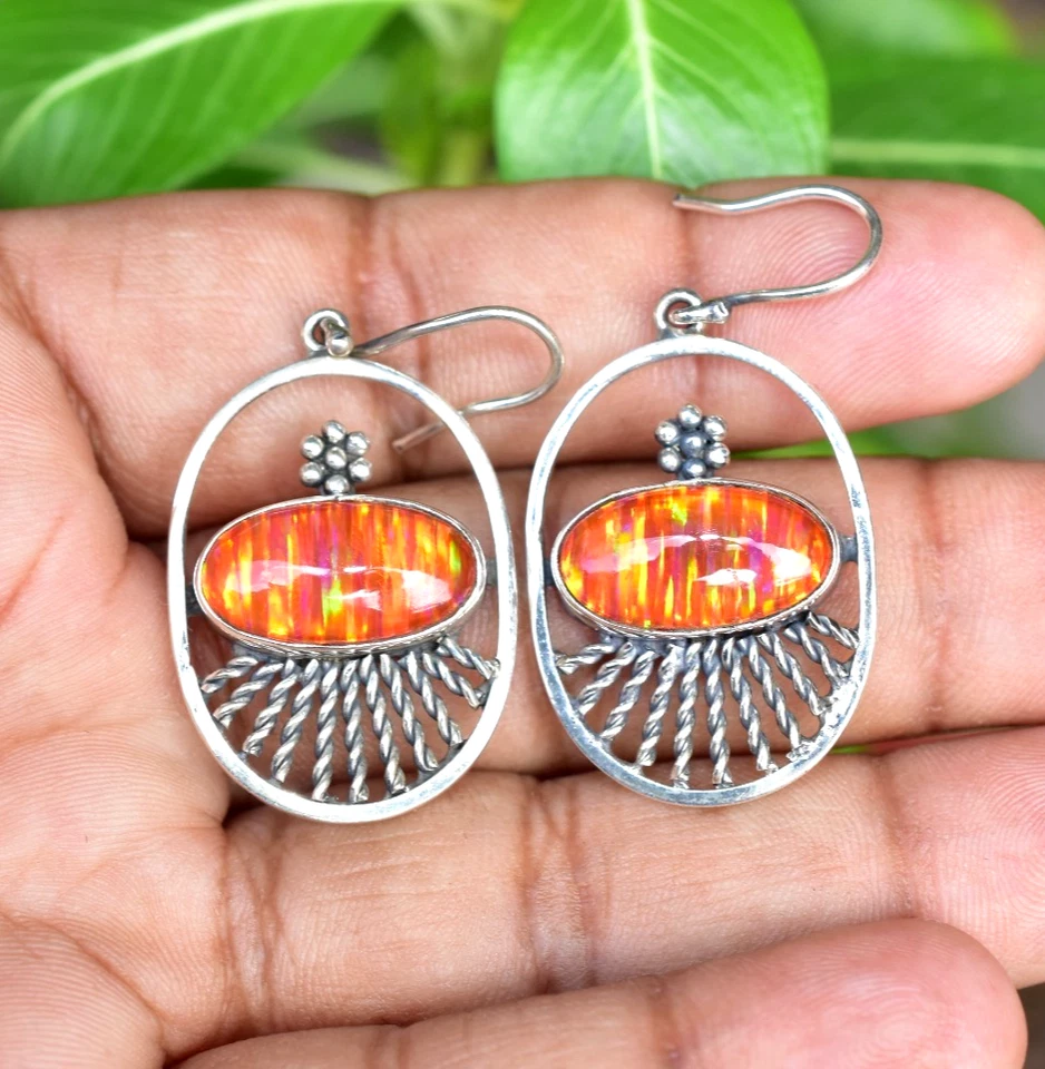 Pendientes colgantes de plata de ley 925 ovalados de ópalo de fuego naranja de 39,45 quilates joyas para mujer Foto 2 de 4