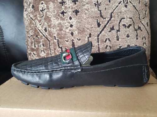 Gucci Mocassini Bandiera Argento Metallo Mocassino Nero Pelle Uomo 10 UK/10.5 - 11 US - Foto 6 di 21