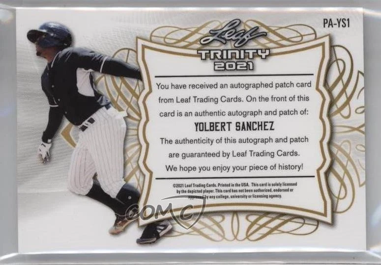 2021 Leaf Trinity Patch Auto Red /50 Yolbert Sanchez #PA-YS1 Patch Auto - Image 2 of 2