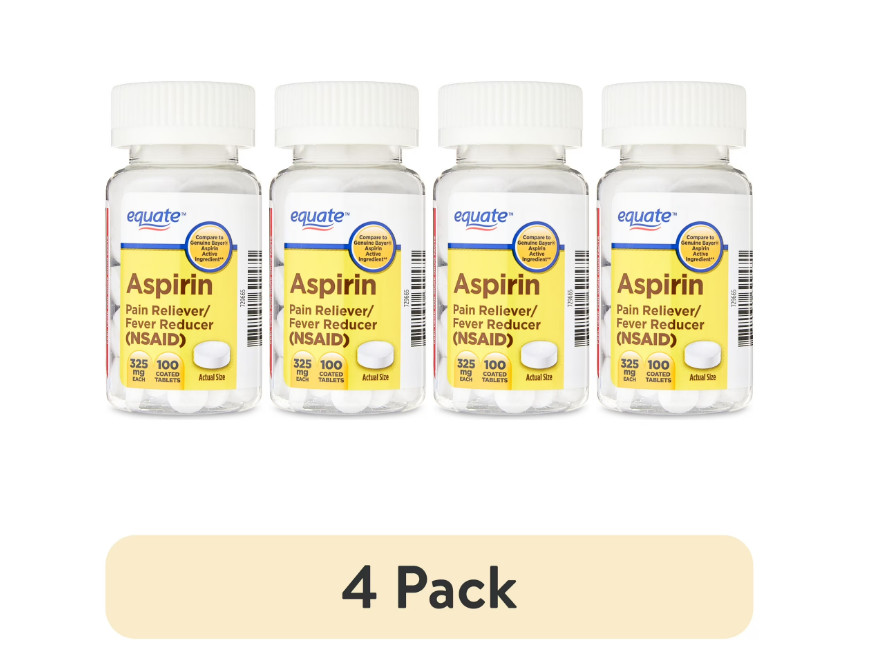 Equate Aspirin 325mg Pain Reliever/Fever Reducer Coated Tablets 100 Ct 4 Pack