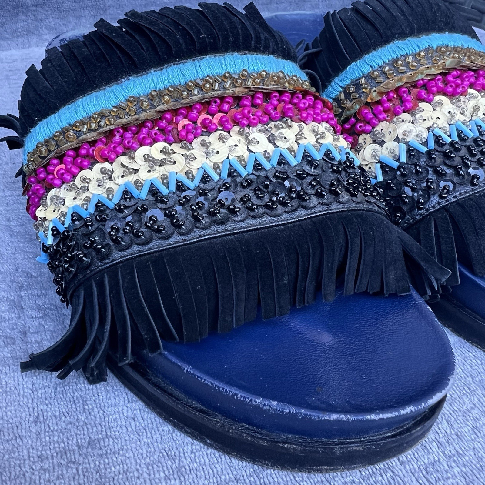 Tory Burch Isle Slides Women 8.5 Slip On Shoes Beaded Fringe Sequin Sandals thumbnail 2