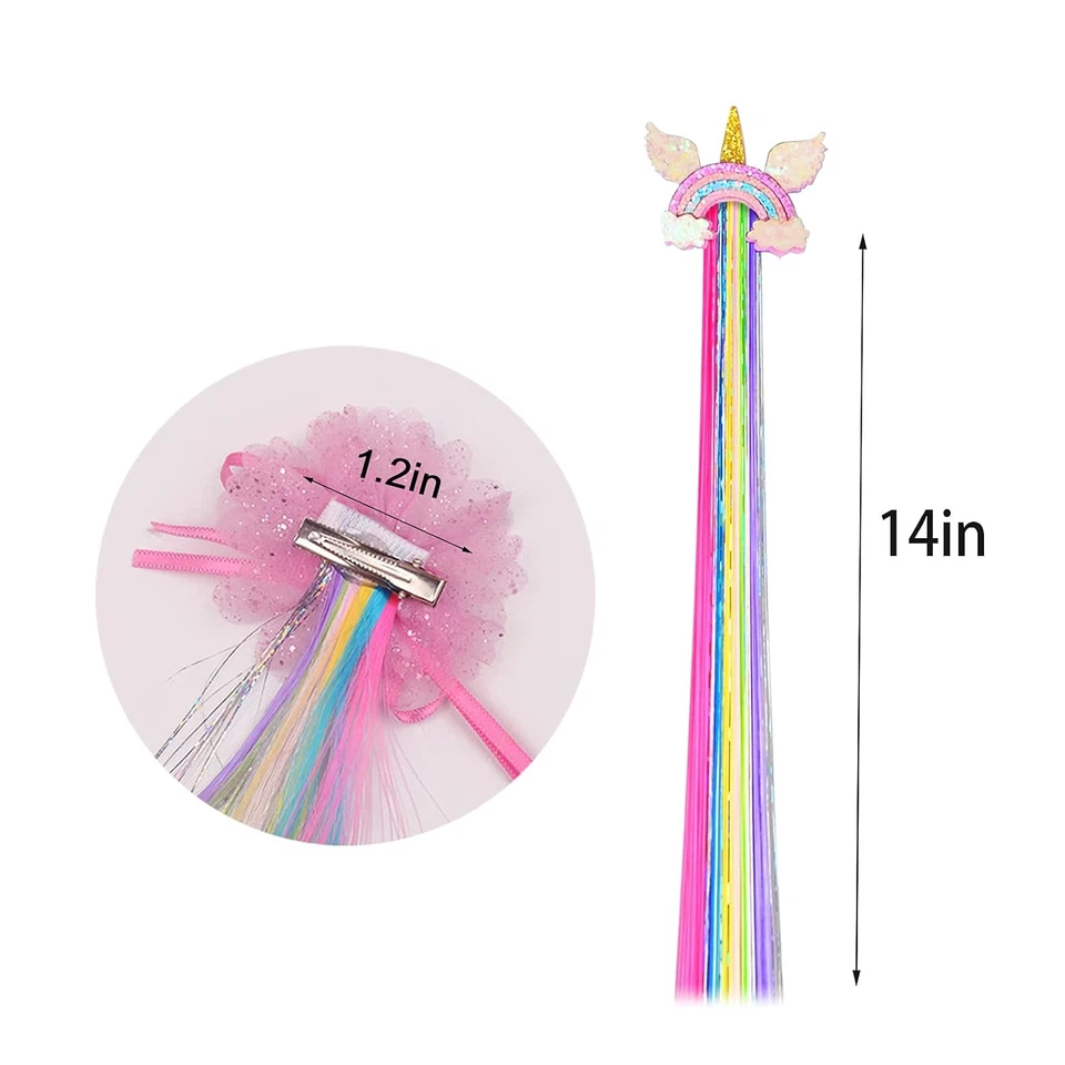 Pinzas para el cabello arco iris para niñas, 6 piezas extensiones de cabello unicornio, accesorios brillantes Foto 2 de 4