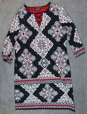 Roz & Ali Dress Midi Indian Style AOP Pattern Tie Up V Neck Black White Red 10P