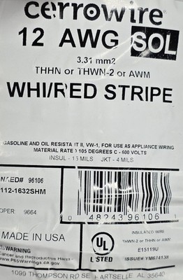 Cerrowire #12awg Solid THHN/THWN-2/MTW Building Wire White w/ Red Stripe /100ft