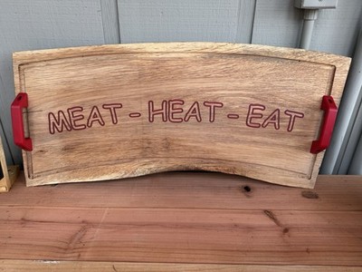 Wooden Serving Tray with Red Handles Rectangle 'MEAT-HEAT-EAT'