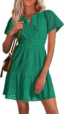 2025 Women Summer V Neck Short Sleeve A Line Lace Ruffle Beach Party Dress
