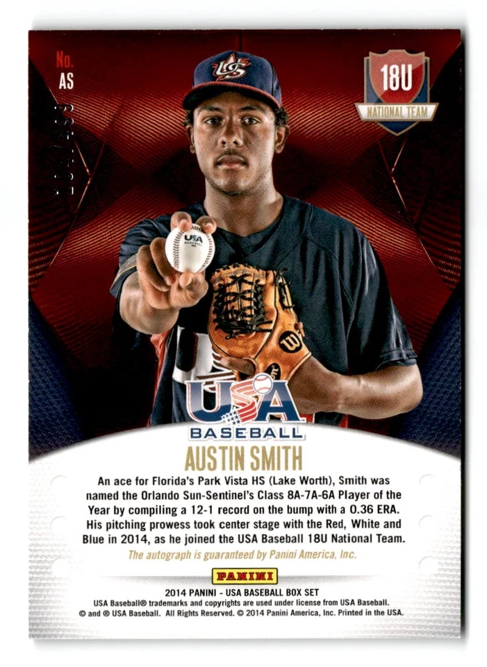 2014 Austin Smith Panini USA Baseball Rookie Auto 104/499 - San Diego Padres - Image 2 of 2