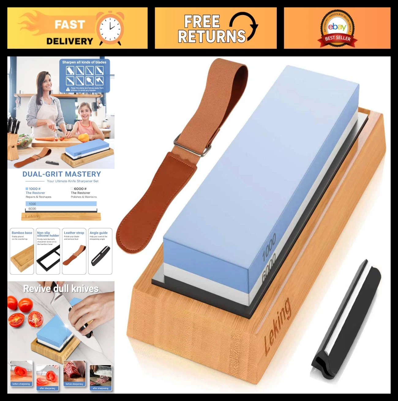 Professional Knife Sharpener Set - 1000/6000 Grit Whetstone, Bamboo Base, Angle