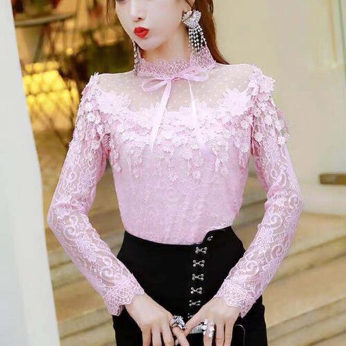Ruffels Lady Lace Shirt Tops Pullover Blouse Hollow Mesh T-shirt Embroidery Slim - Picture 3 of 10
