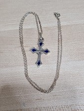20" Chain STERLING SILVER CRUCIFIX CROSS ORNATE NECKLACE Blue Accents Stamped 5g