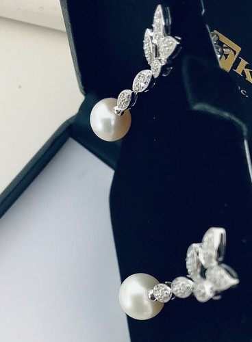 Wedding 14K White Gold Diamonds Pearl Dangle Earrings - Picture 5 of 9