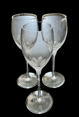 Set of 3 LENOX ATRIUM Wine Glasses 1980s Etched Petals Stemware 7-5/8  Excellent