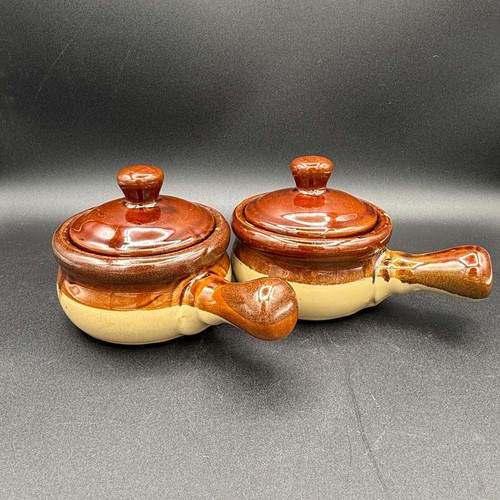 Vintage Pair of Drip Glaze Handle French Onion Soup Chili Bowls with Lids - 第 1/24 張圖片