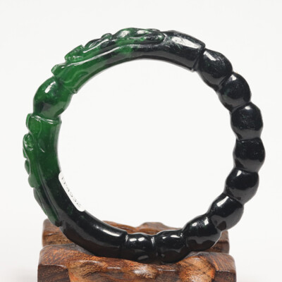 57mm Natural Black Green Jadeite Jade Bangle Bracelet Hand-carved Dragons 13649