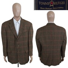 Vintage 90s Tommy Hilfiger USA 3 Button Tweed Olive Plaid Wool Sport Coat 44S