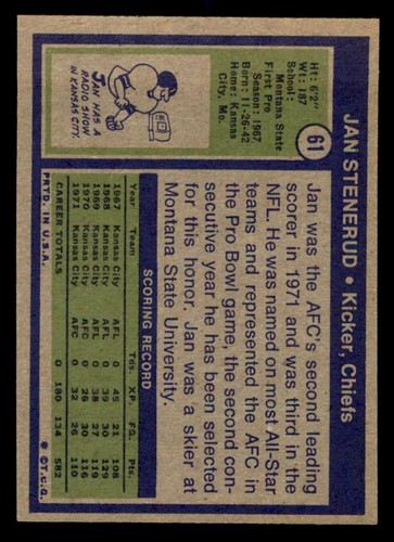 1972 Topps Football #61 Jan Stenerud NM *d3 - Picture 2 of 2